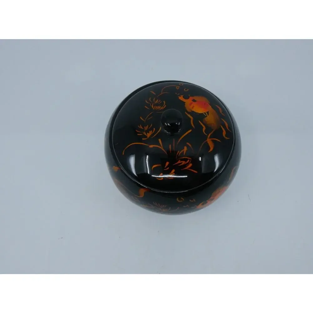 Round Lidded Lacquer Trinket Box Fancy Goldfish Hand Painted Designs Black Gloss